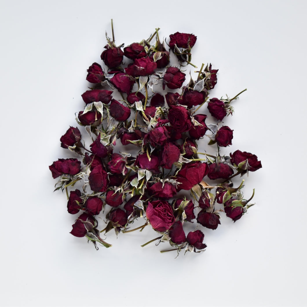Dried mini red roses on a white background